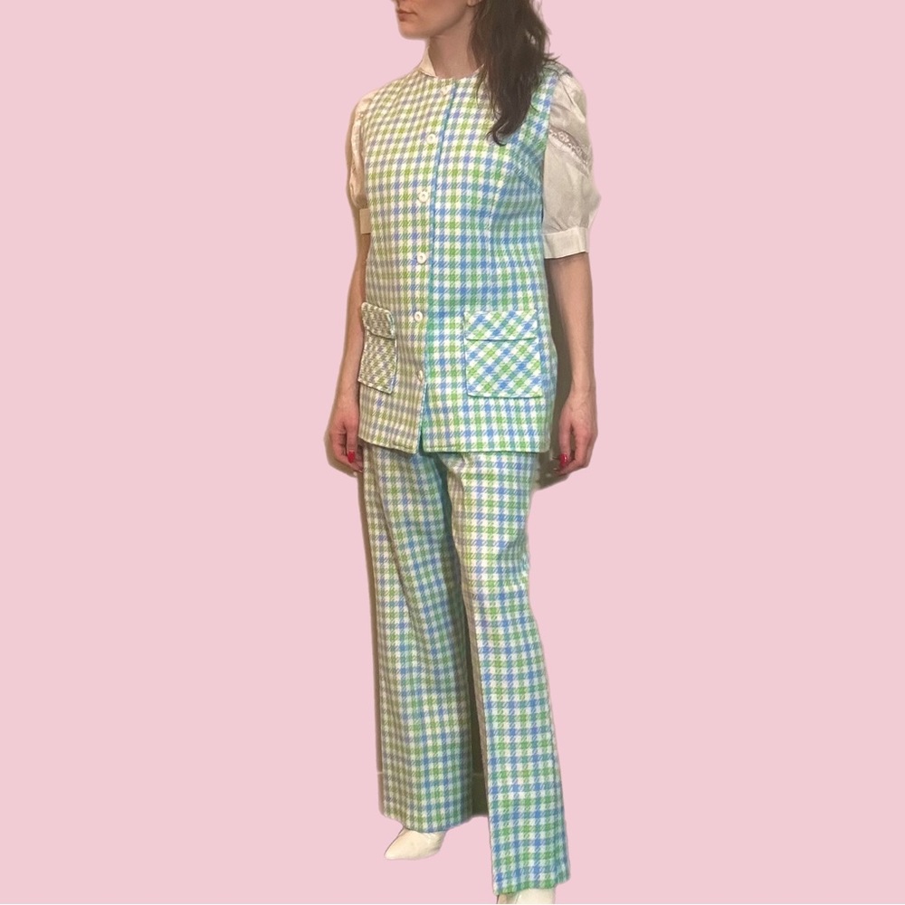 Rare Vintage 1970's MOD green/blue houndstooth two-piece suit - Picture 3 of 16